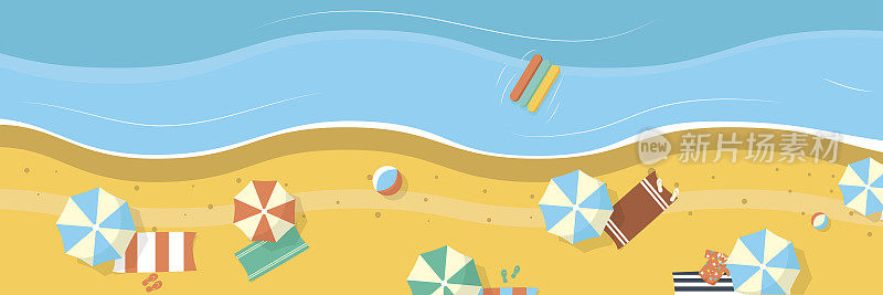 Summer beach with umbrellas and towels. Panoramic background banner.